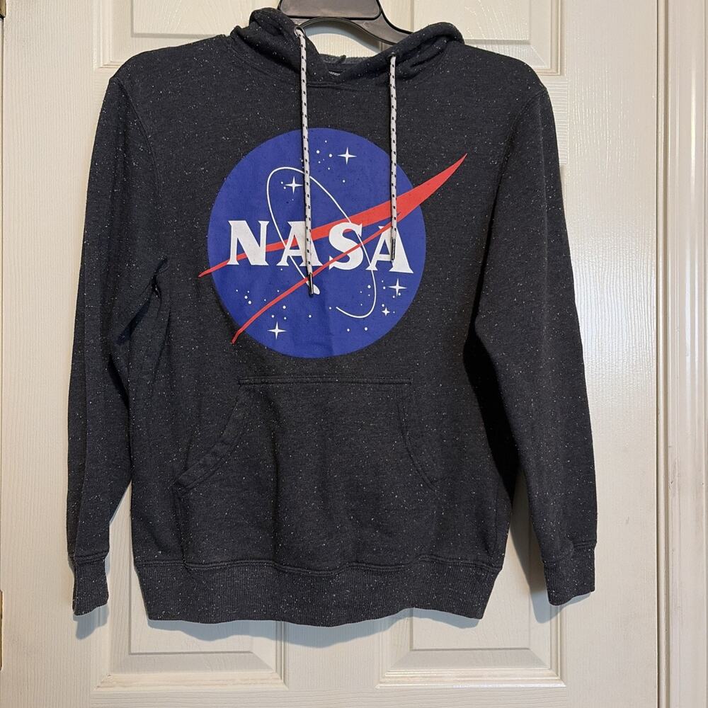 NASA Buzz Aldrin Hoodie Mens Small Charcoal Gray Speckled Fabric Sweatshirt